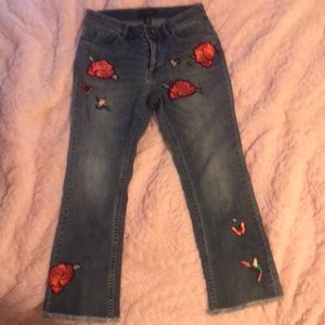 Denim jeans with roses, hummingbirds,butterflies
